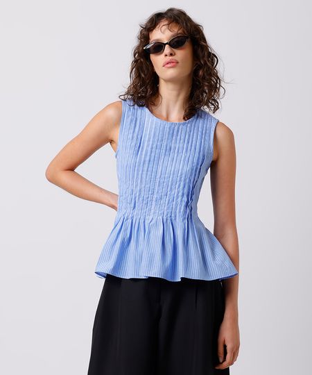 blusa feminina decote redondo com pregas listrada mindset azul PP blusa feminina decote redondo com pregas listrada mindset azul PP
