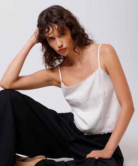 regata feminina alça fina com linho e renda mindset off white GG regata feminina alça fina com linho e renda mindset off white GG