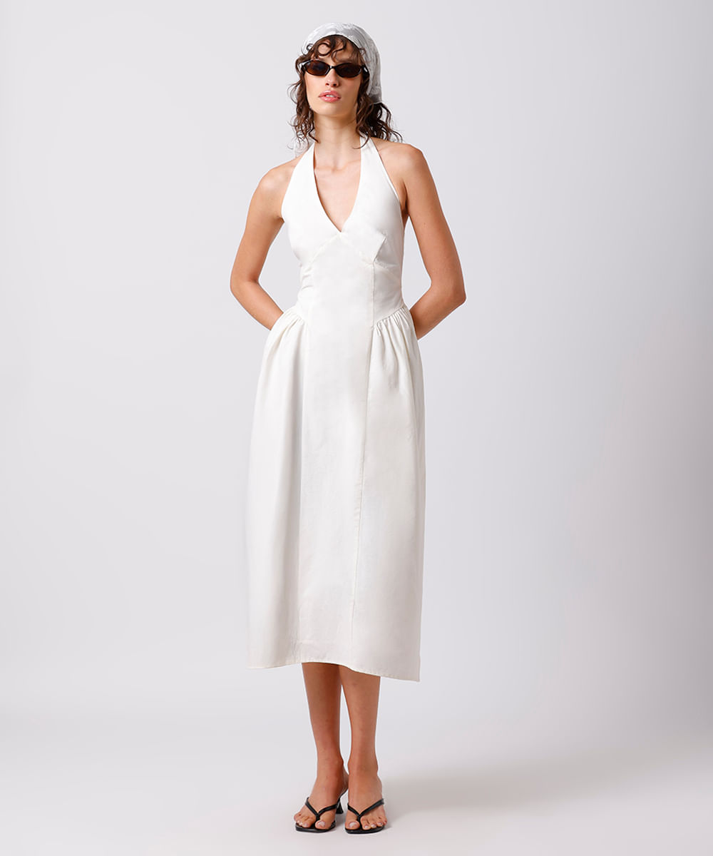 vestido midi feminino frente única com recorte e franzidos mindset branco
