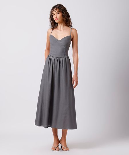 vestido midi feminino com linho decote coração mindset cinza PP vestido midi feminino com linho decote coração mindset cinza PP
