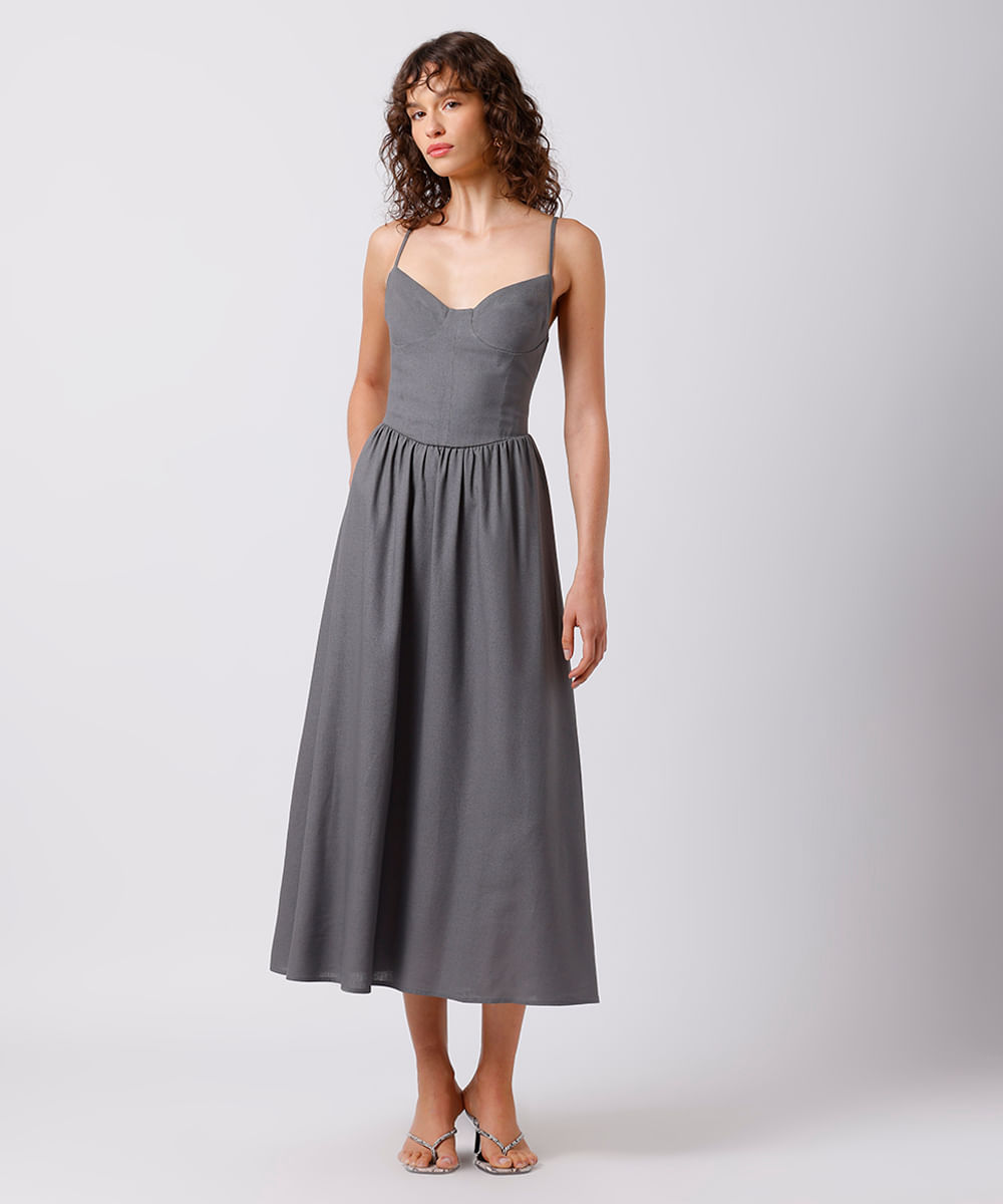 vestido midi feminino com linho decote coração mindset cinza