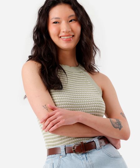 blusa halterneck feminina de tricot listrada texturizada verde M blusa halterneck feminina de tricot listrada texturizada verde M