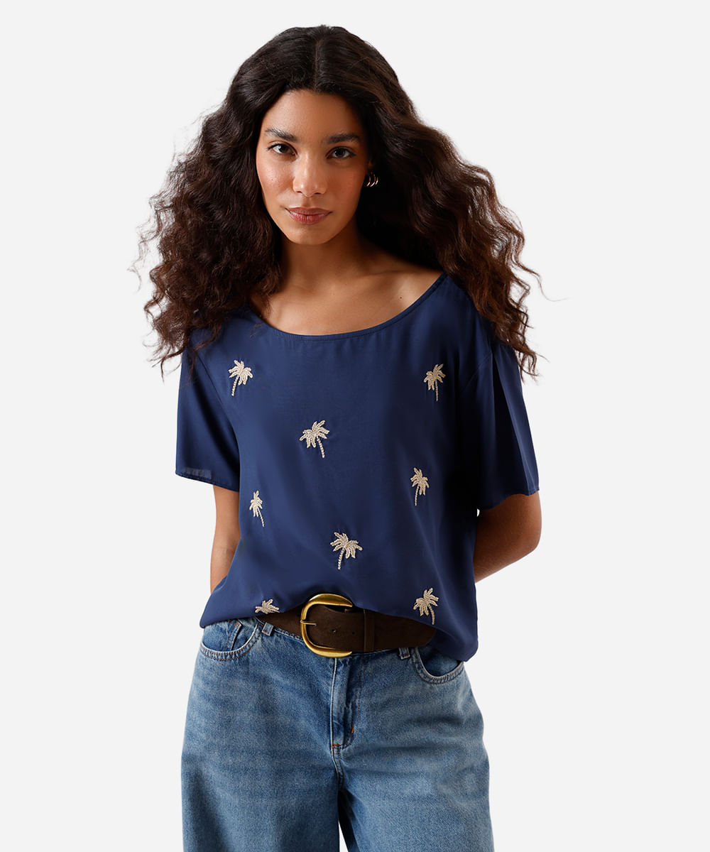 blusa feminina de viscose bordado folhagens azul