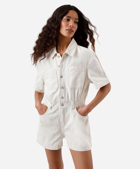 macaquinho feminino de sarja manga curta bege PP macaquinho feminino de sarja manga curta bege PP