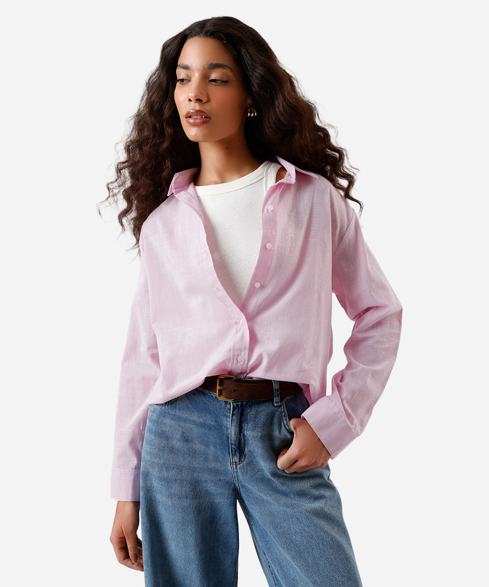 camisa feminina de algodão manga longa lilás