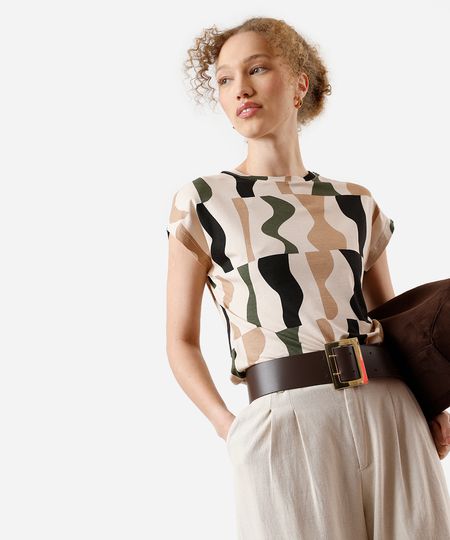 blusa feminina de viscose geométrica bege PP blusa feminina de viscose geométrica bege PP