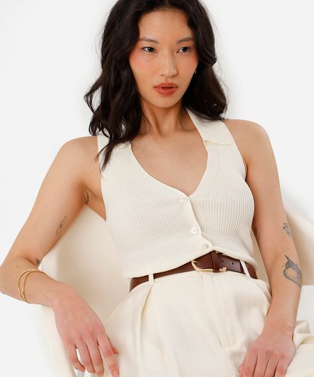 polo feminina de tricot decote v canelada off white PP