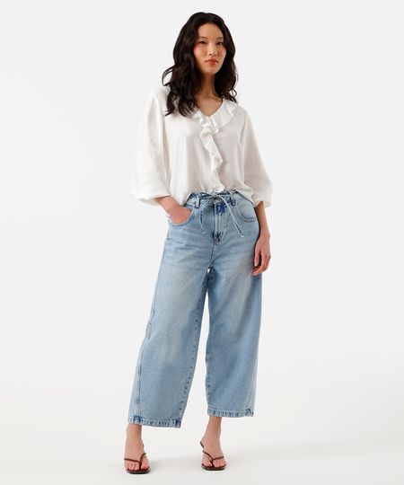 calça baggy balloon feminina jeans com cordão cropped azul 38 calça baggy balloon feminina jeans com cordão cropped azul 38