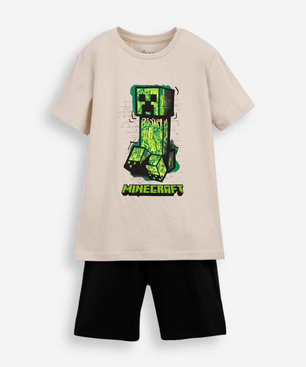 conjunto curto infantil de algodão minecraft bege