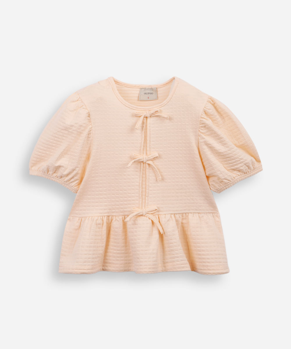 blusa de algodão infantil com lacinho texturizada laranja