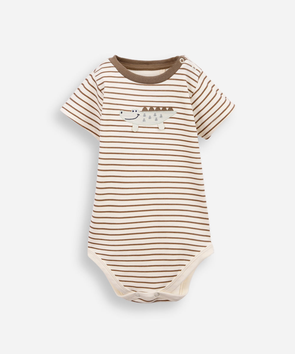 body infantil de algodão bordado jacaré listrado bege