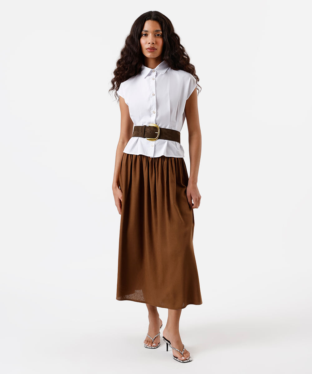 saia midi feminina com linho marrom