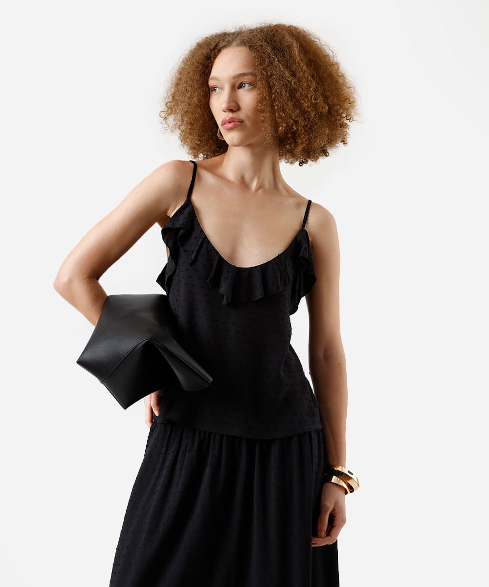 blusa feminina alça fina de viscose texturizada preta