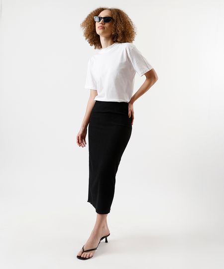 saia lápis midi feminina com fenda básica texturizada  preta G saia lápis midi feminina com fenda básica texturizada  preta G