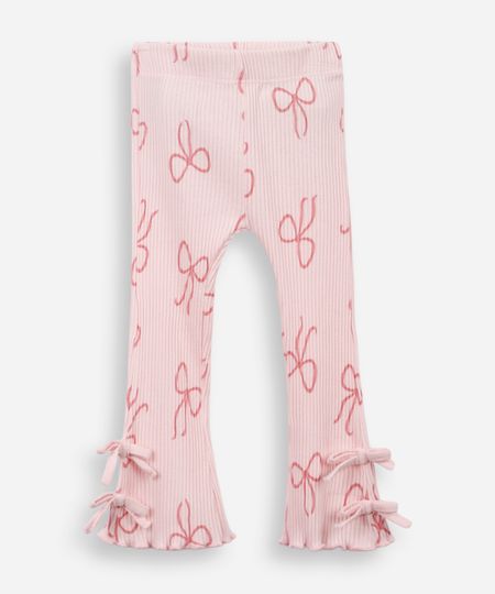calça flare infantil de algodão com laços canelada rosa 1 calça flare infantil de algodão com laços canelada rosa 1