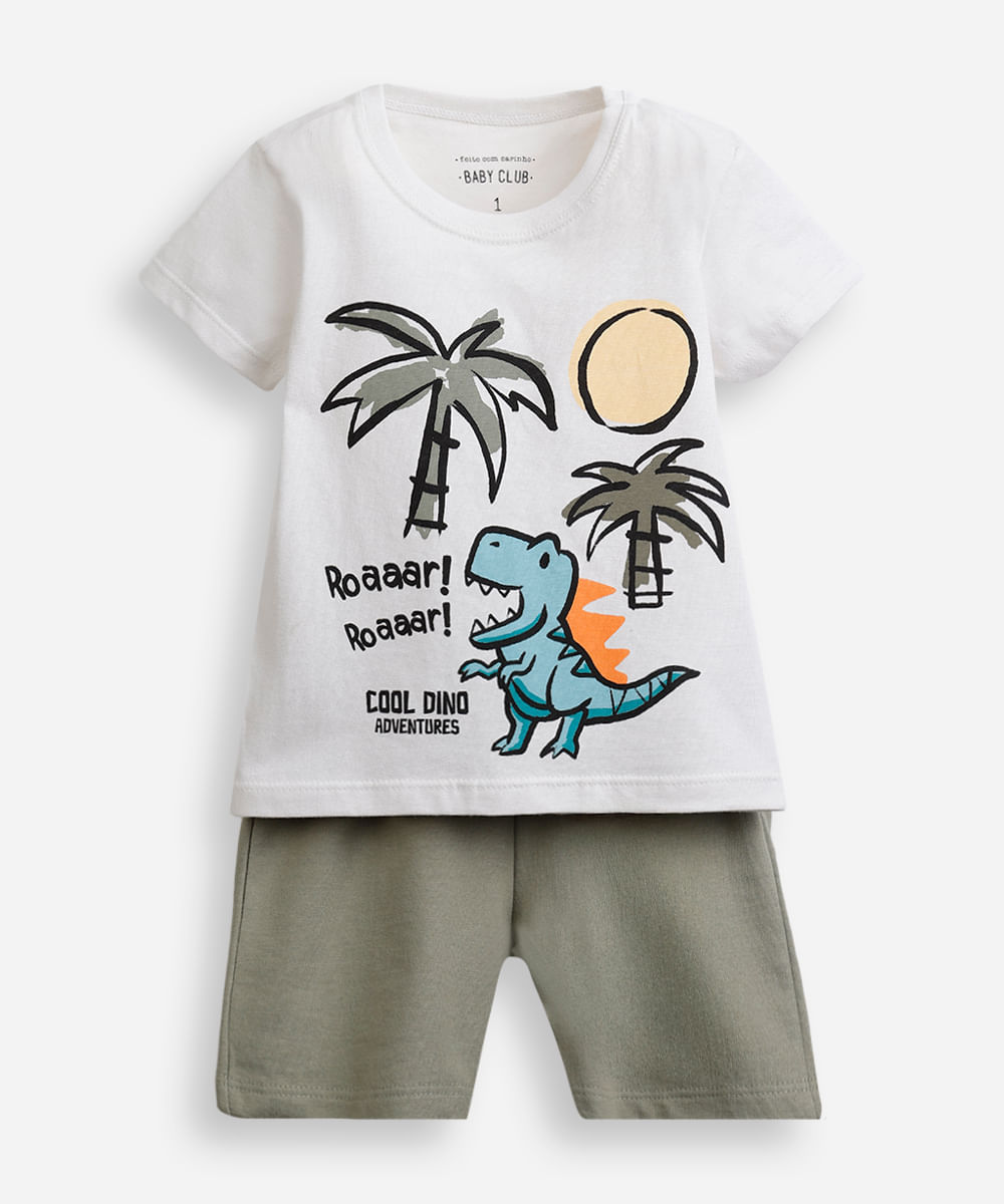 conjunto curto infantil de algodão dino off white