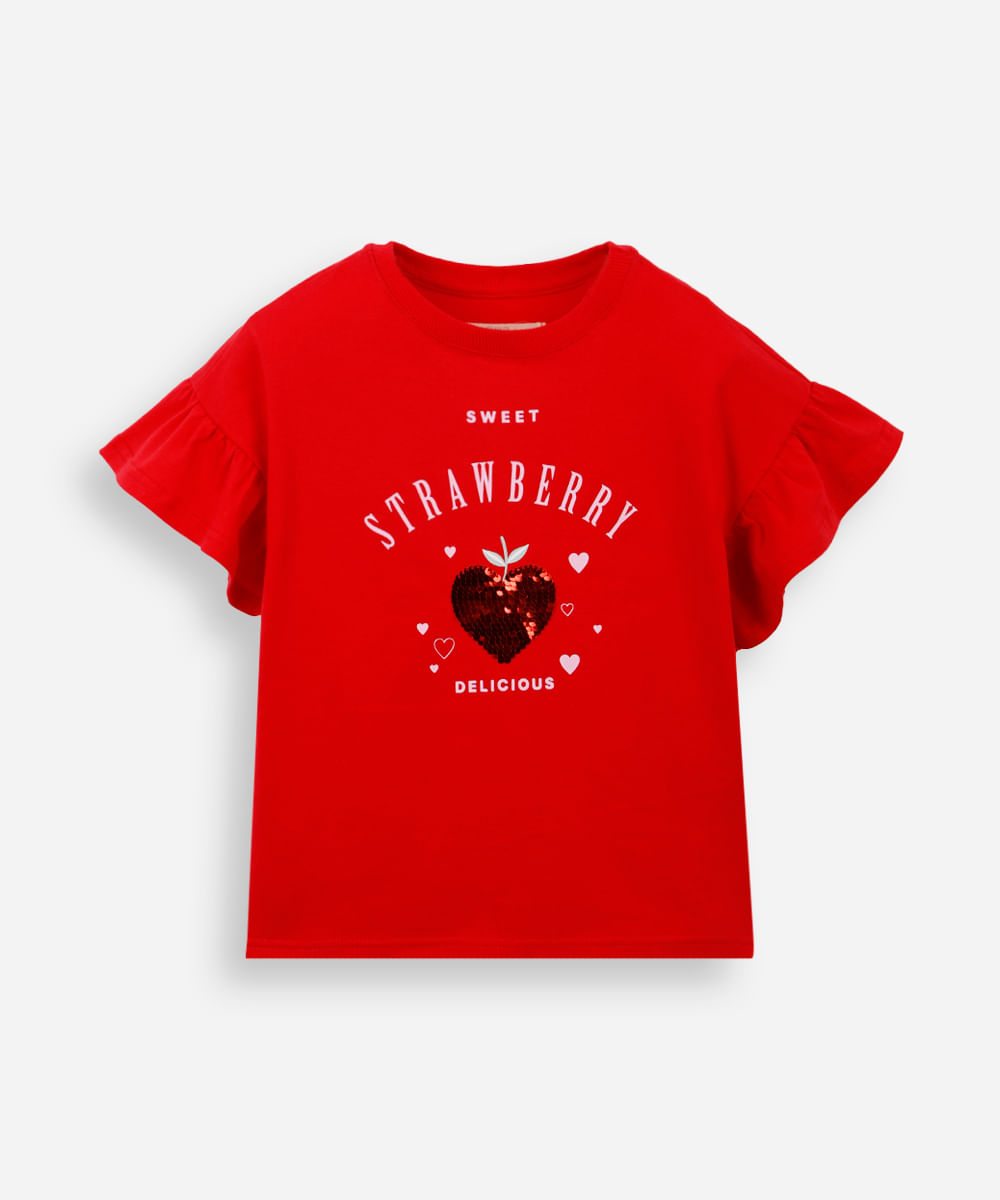 blusa infantil de algodão morango com paetê vermelha