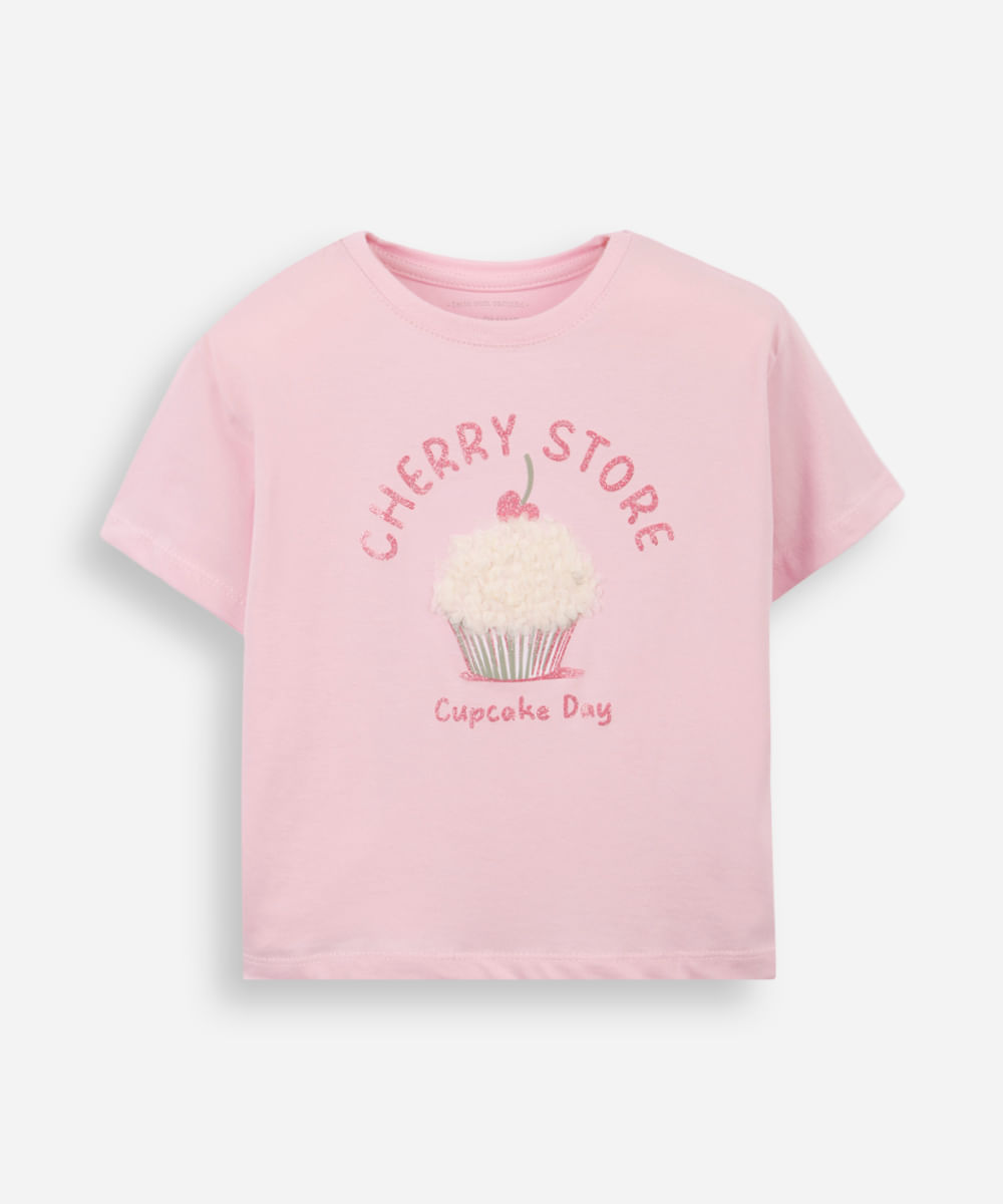 camiseta infantil de algodão cupcake com glitter texturizada rosa