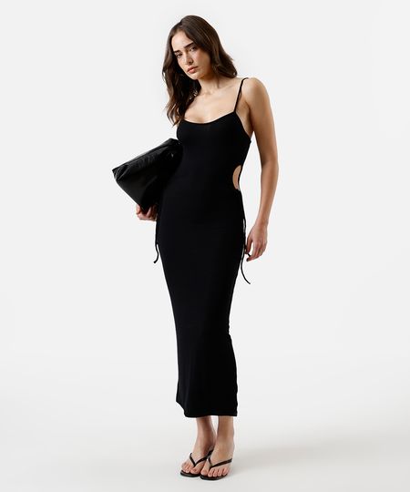 vestido midi de viscose com recortes canelado preto P vestido midi de viscose com recortes canelado preto P