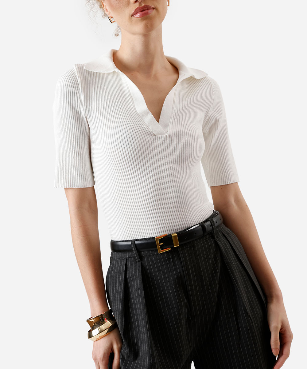 polo feminina de tricot canelada off white