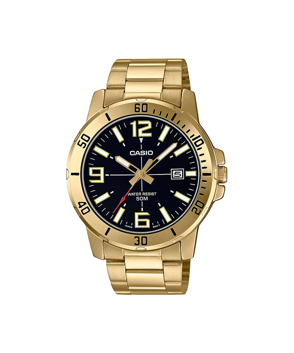 kit relógio masculino casio analógico calendário mtp vd01g 1bvudf dourado