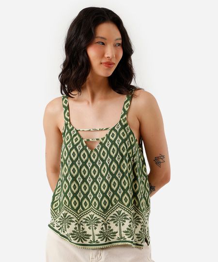 regata feminina de viscose decote v folhagens verde P regata feminina de viscose decote v folhagens verde P