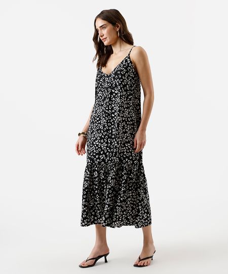 vestido midi feminino de viscose com recorte animal print preto M vestido midi feminino de viscose com recorte animal print preto M