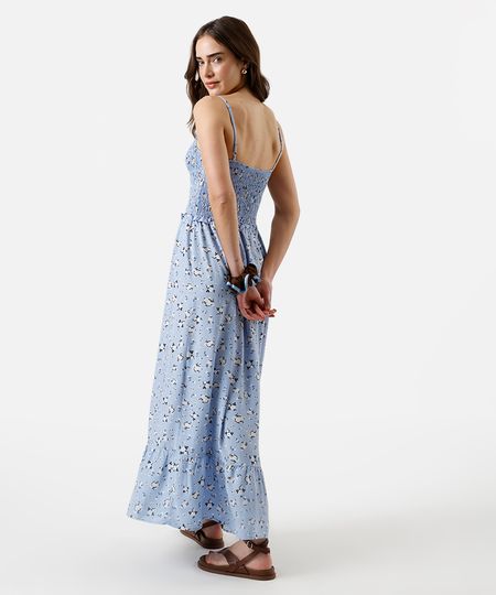 vestido longo feminino de viscose com recorte e lastex floral azul M