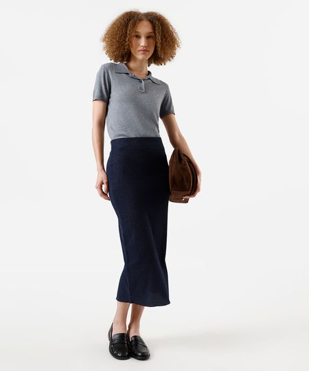 saia lápis midi feminina com fenda básica texturizada azul M saia lápis midi feminina com fenda básica texturizada azul M