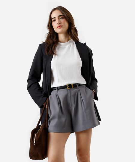 short feminino de viscose alfaiataria cintura alta com elástico cinza 34 short feminino de viscose alfaiataria cintura alta com elástico cinza 34