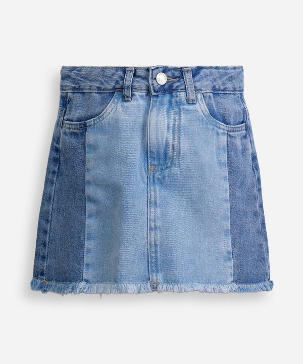 saia curta infantil jeans com recortes e barra desfiada azul 4