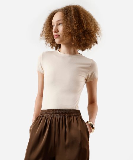 camiseta básica feminina de algodão manga curta bege PP