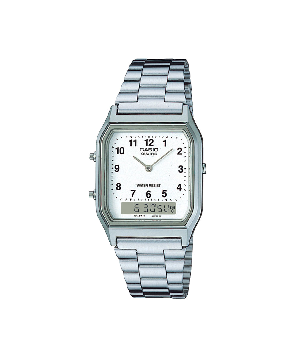 relógio unissex casio analógico digital aq 230a 7bmq prateado