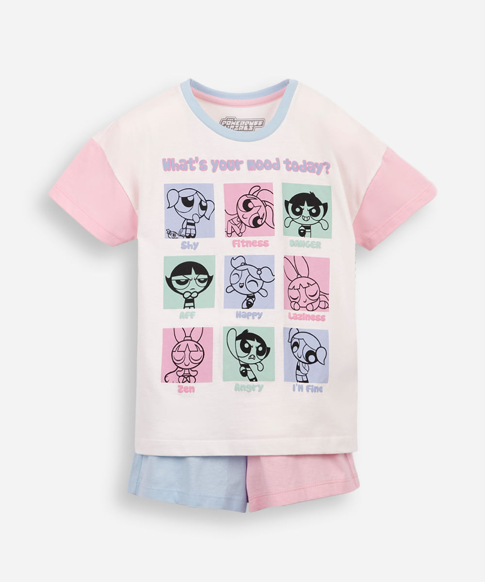 pijama curto infantil de algodão meninas super poderosas off white