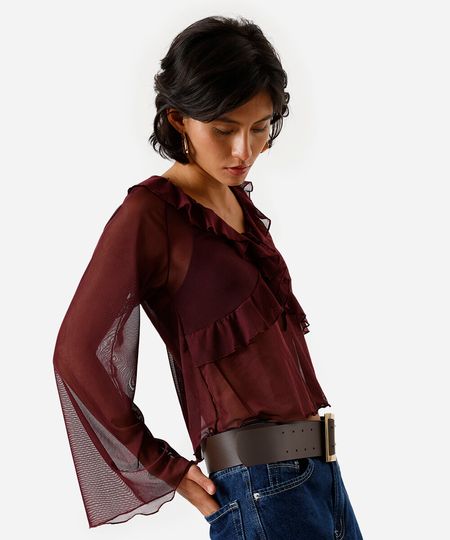 bata feminina de tule com babados vinho P