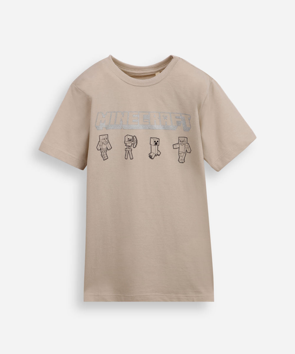 camiseta infantil de algodão minecraft bege