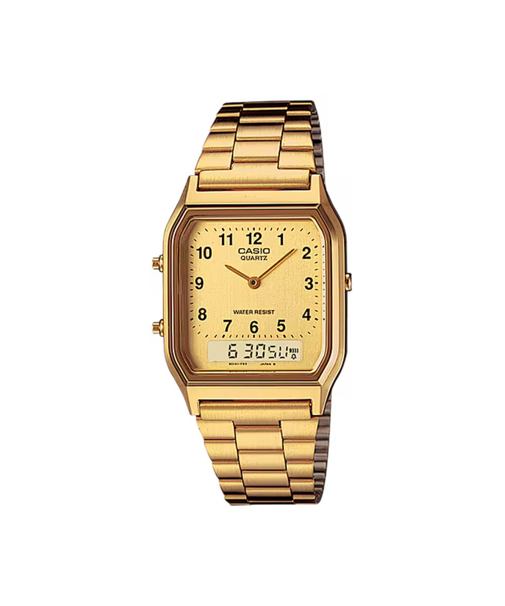 relógio unissex casio analógico digital aq 230ga 9bmq dourado
