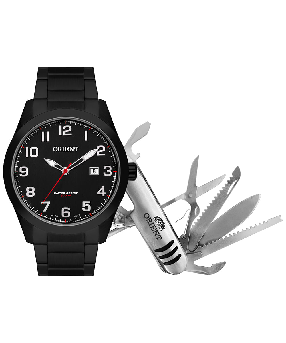 kit relógio masculino orient analógico calendário mpss1019 ka2ap2px preto