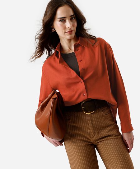 camisa feminina com linho manga longa oversized laranja PP