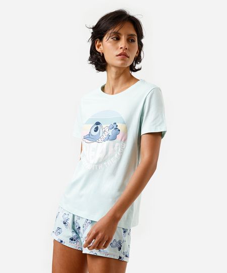 pijama short doll feminino de algodão stitch verde PP