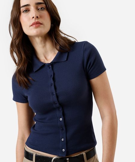 polo feminina básica canelada azul M