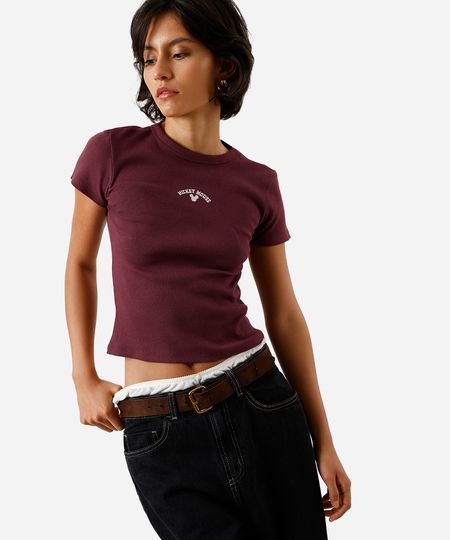 blusa baby look feminina de algodão com bordado mickey vinho G blusa baby look feminina de algodão com bordado mickey vinho G
