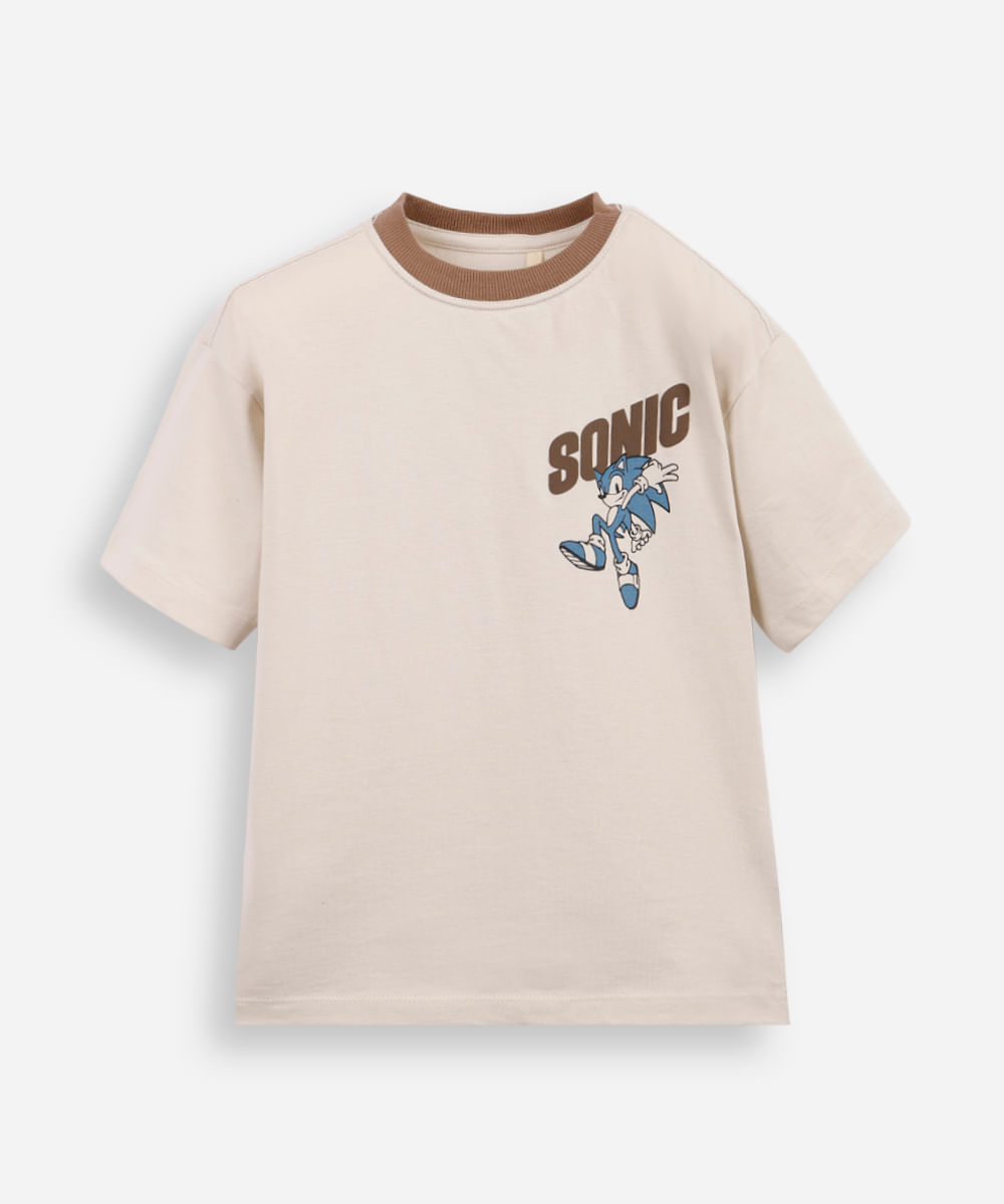 camiseta infantil gola contrastante sonic bege