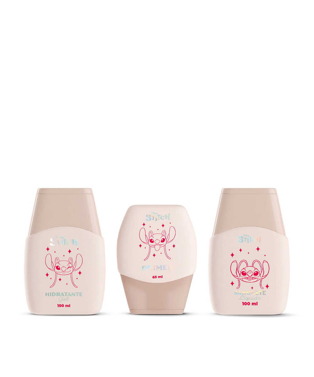 kit angel e stitch sabonete líquido primer hidratante gel facial