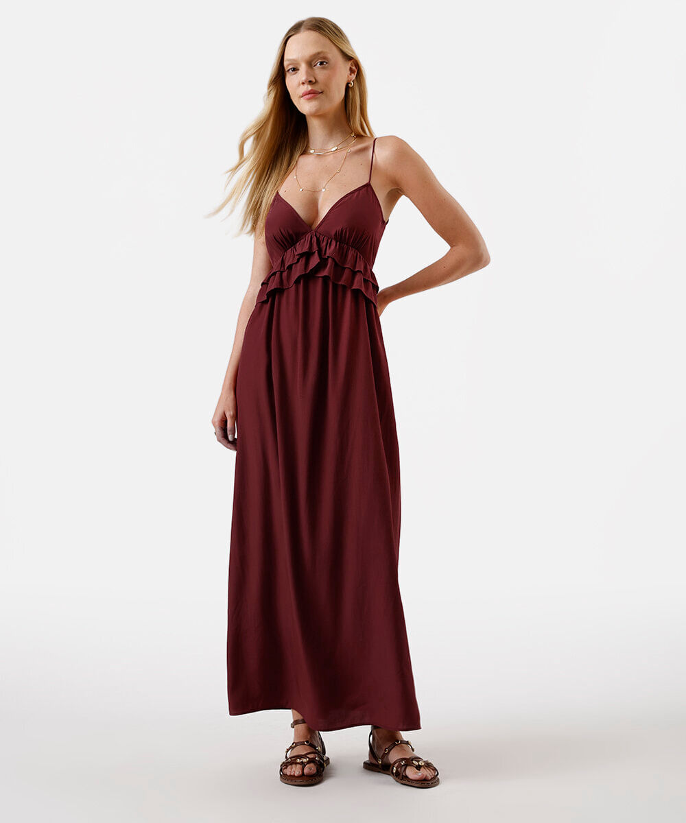 vestido midi feminino alça fina com babados vinho