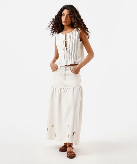saia midi feminina de sarja com recorte e bordado floral off white 42