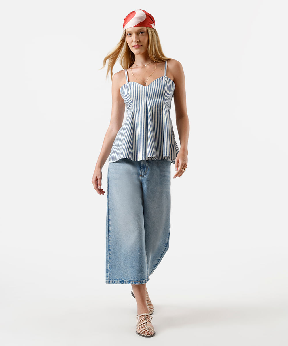 calça pantacourt feminina jeans cintura média azul