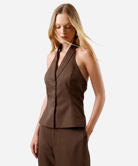 colete frente única feminino de alfaiataria marrom GG