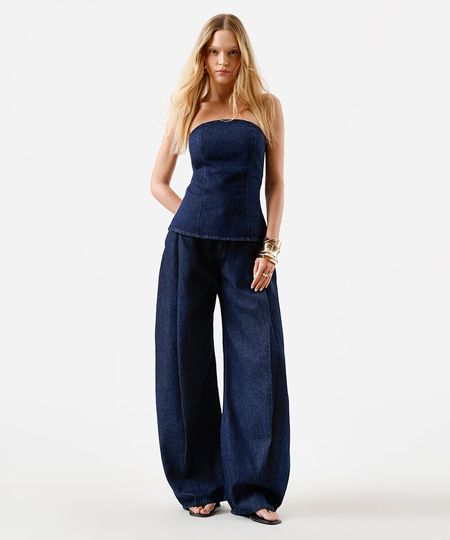 calça balloon feminina jeans com pregas azul 38