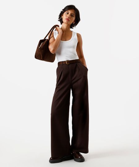 calça wide leg feminina de alfaiataria com pregas marrom 40